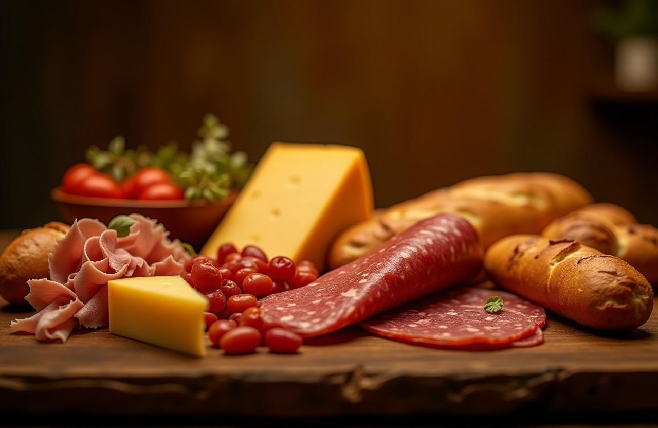 Tavolo rustico con una selezione di formaggi, salumi e pane artigianale