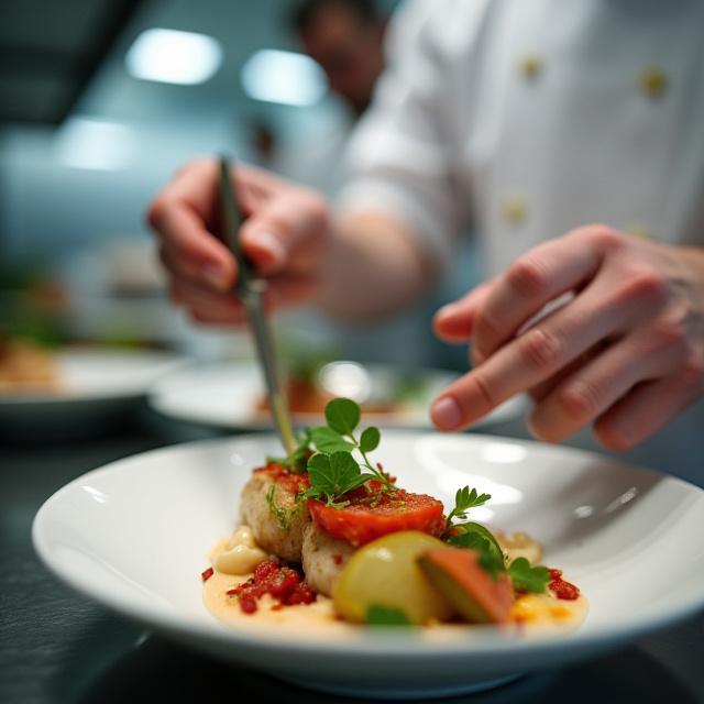 Chef che impiatta un piatto gourmet con ingredienti freschi