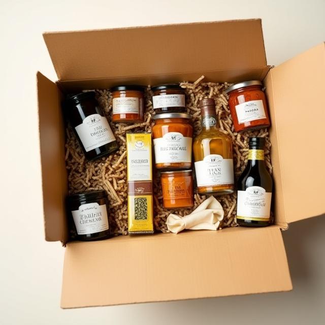 Scatola di prodotti gourmet italiani pronta per la spedizione